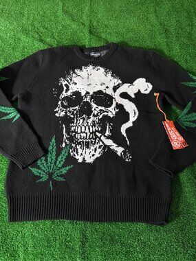 RGSTR Men's Smoking Skull Weed Leaf Knit Sweater Black Streetwear NWT Size L